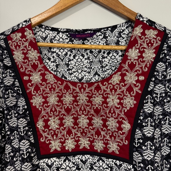 Srishti Womens Large Black & Red Indian Kurti Tunic Dress Metallic Embroidery - Picture 4 of 13